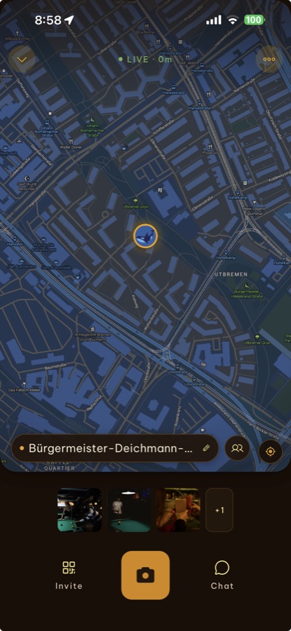 A live Prost session on the map: the group's location, the current venue, and venue-stamped photos from the night along the bottom