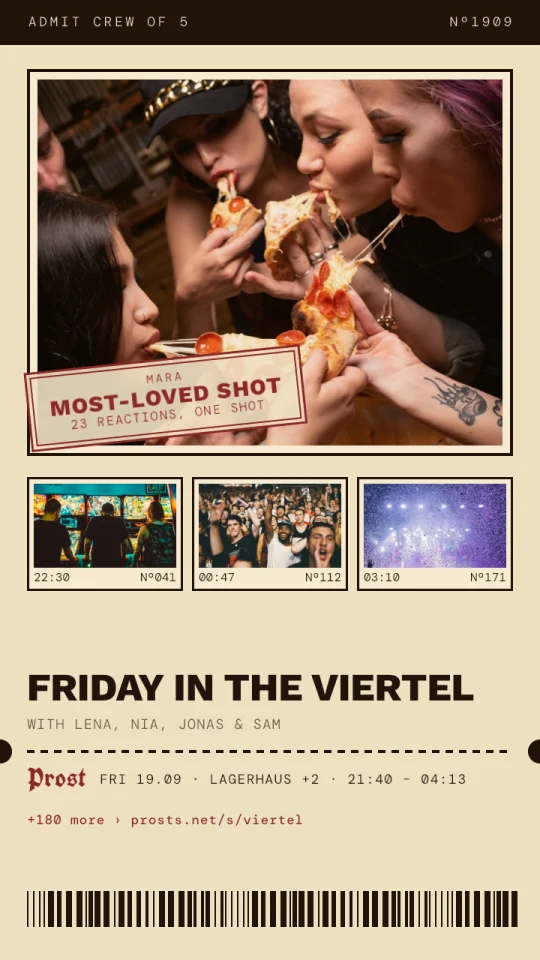 A Ticket Stub recap card for &ldquo;Friday in the Viertel&rdquo;: the cover photo, three more shots with their times, and Mara&rsquo;s Most-loved shot sticker